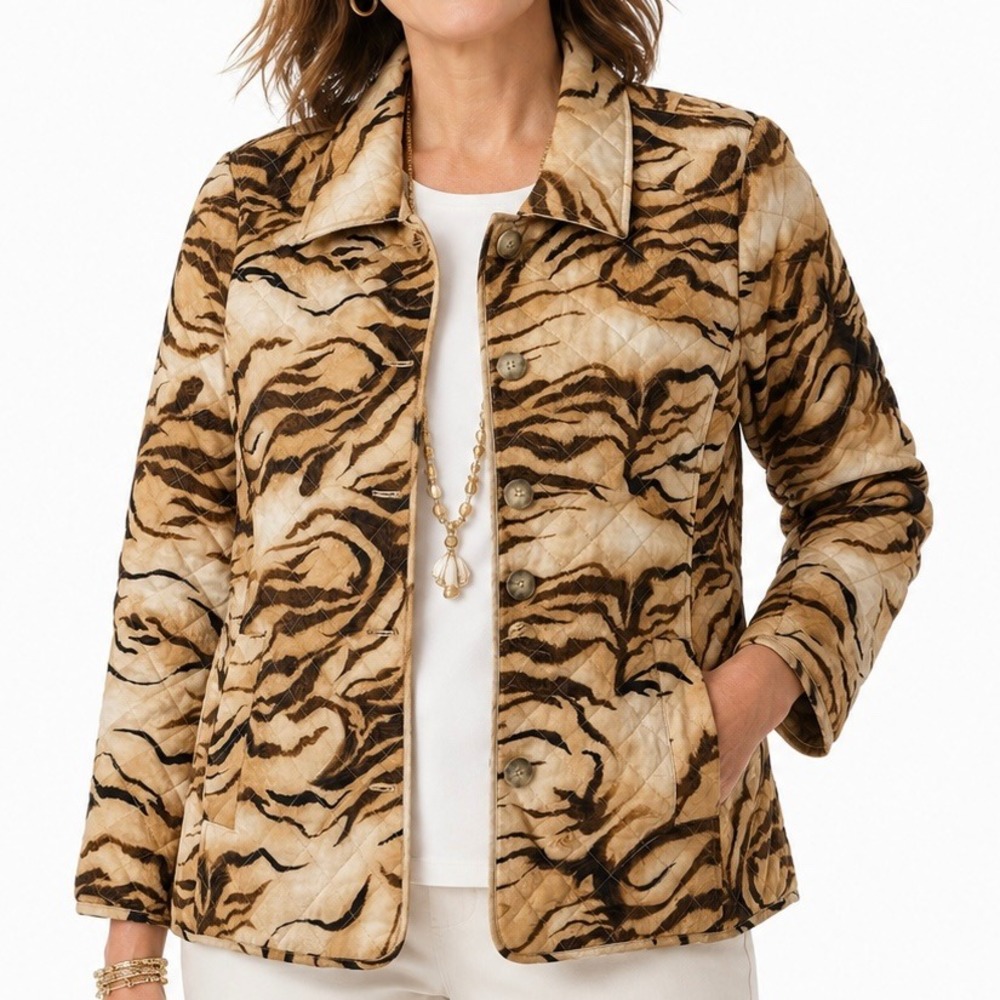 Chicos Quilted‎ Tiger Animal Print Jacket Tan Brown Womens Size 2 Large 12/14